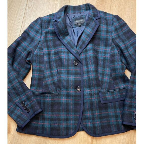 Talbots Wool Blend Plaid Blazer Jacket – Navy Green Red Tartan – 14P - Picture 1 of 6